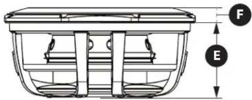 Technical diagram of a container with labeled dimensions F and E, showing internal structure and support mechanisms.