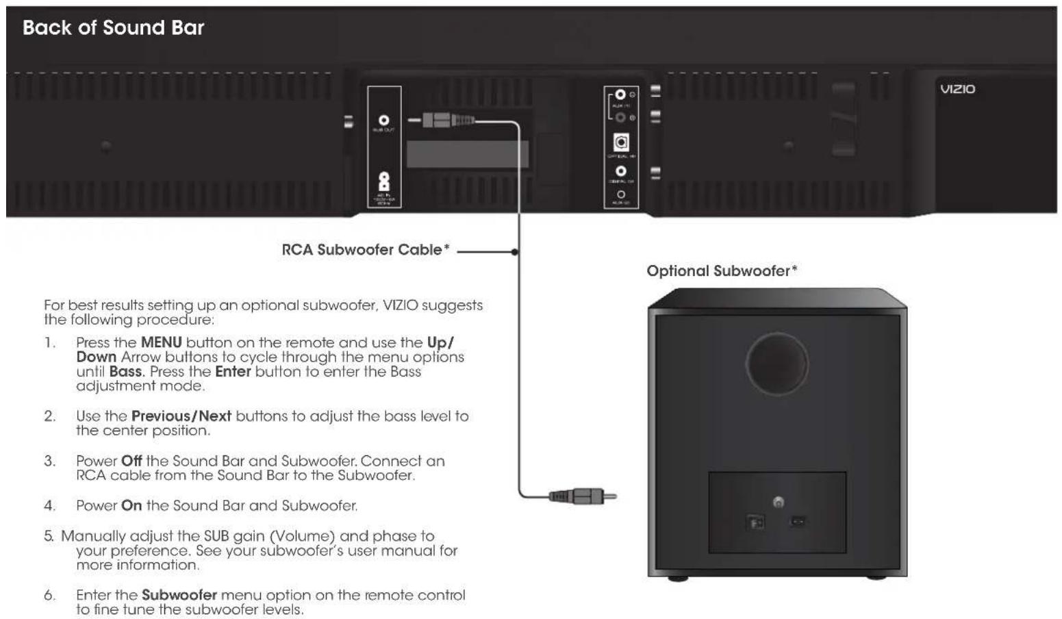 Back of Sound Bar RCA Subwoofer Cable* For best results setting up an optional subwoofer, VIZIO suggests the following procedure: 1. Press the MENU button on the remote and use the Up/Down Arrow buttons to cycle through the menu options until Bass. Press the Enter button to enter the Bass adjustment mode. 2. Use the Previous/Next buttons to adjust the bass level to the center position. 3. Power Off the Sound Bar and Subwoofer. Connect an RCA cable from the Sound Bar to the Subwoofer. 4. Power On the Sound Bar and Subwoofer. 5. Manually adjust the SUB gain (Volume) and phase to your preference. See your subwoofer's user manual for more information. 6. Enter the Subwoofer menu option on the remote control to fine tune the subwoofer levels.