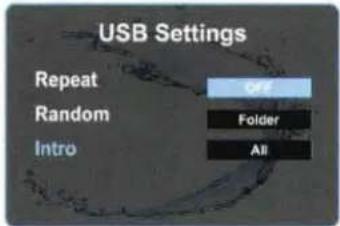 USB Settings Repeat Random Intro OFF Folder All