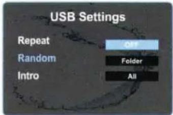 USB Settings Repeat Random Intro OFF Folder All
