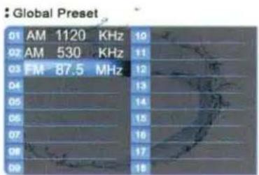 : Global Preset 01 AM 1120 KHz 10 02 AM 530 KHz 11 03 FM 87.5 MHz 12 04 05 06 07 08 09 13 14 15 16 17 18