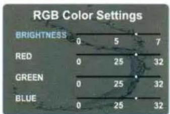 RGB Color Settings BRIGHTNESS 0 5 7 RED 0 25 32 GREEN 0 25 32 BLUE 0 25 32