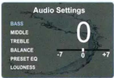 Audio Settings BASS MIDDLE TREBLE BALANCE PRESET EQ LOUDNESS 0 -7 0 +7