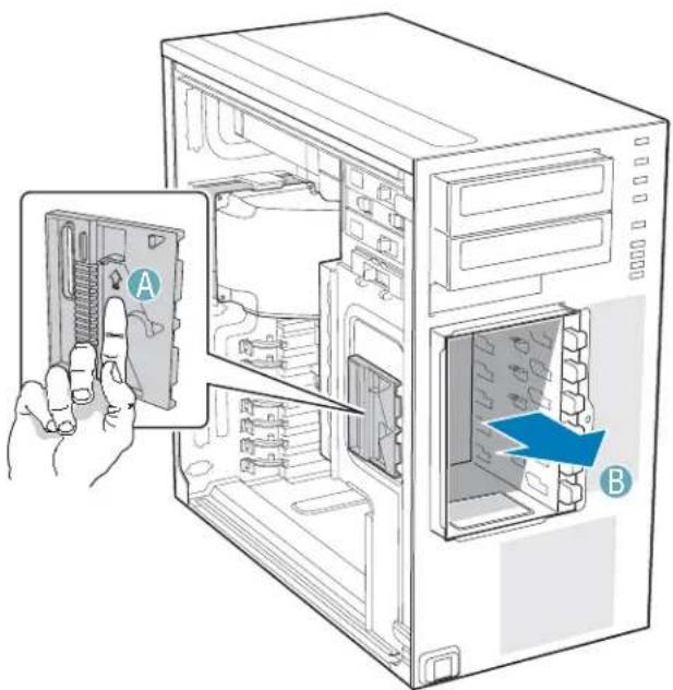 Diagram showing computer tower internal structure with labeled components A and B, indicating a file transfer or installation step.
