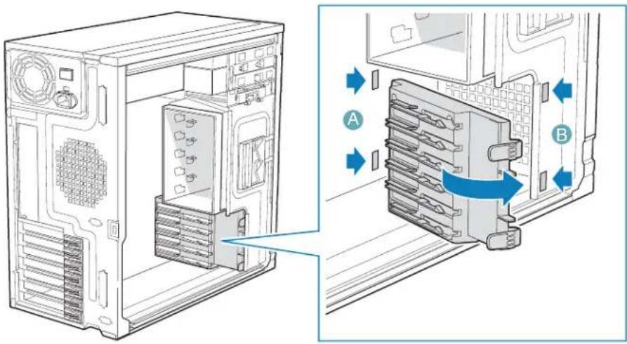 Technical diagram showing internal components of a server rack with labeled parts A and B, including ventilation slots and heat transfer arrows.
