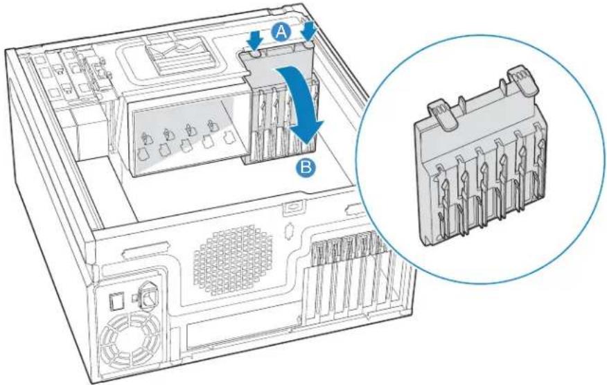 Technical diagram of a computer chassis showing internal components and a close-up view of the internal structure with labeled parts A and B.