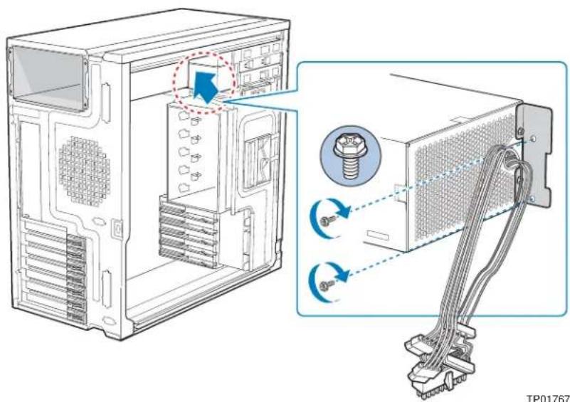 Technical diagram showing internal components of a computer tower with screw and cable connections, including a magnified view of the main frame.