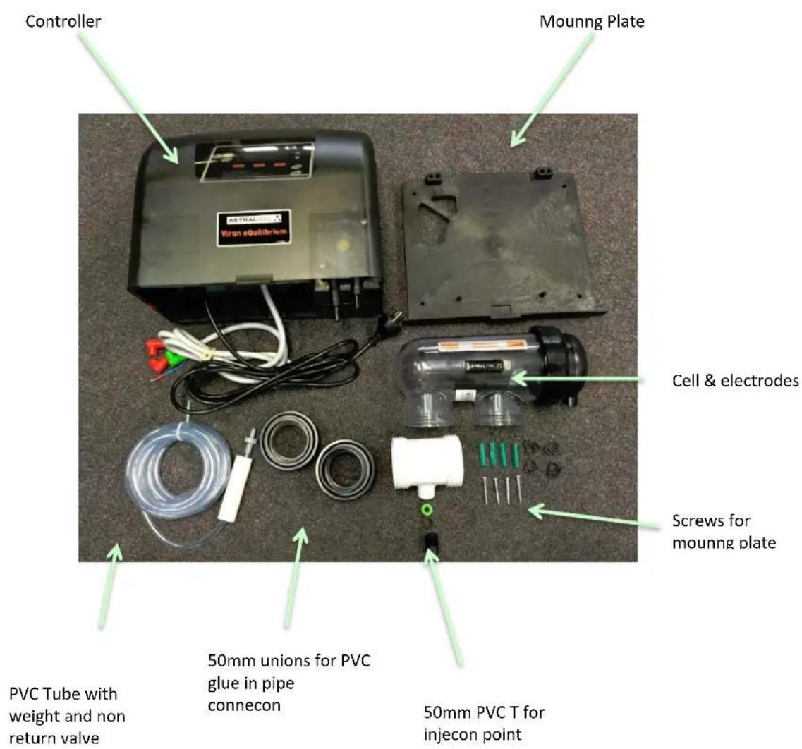Controller Mounng Plate Cell & electrodes Screws for mounng plate PVC Tube with weight and non return valve 50mm unions for PVC glue in pipe connecon 50mm PVC T for injecon point