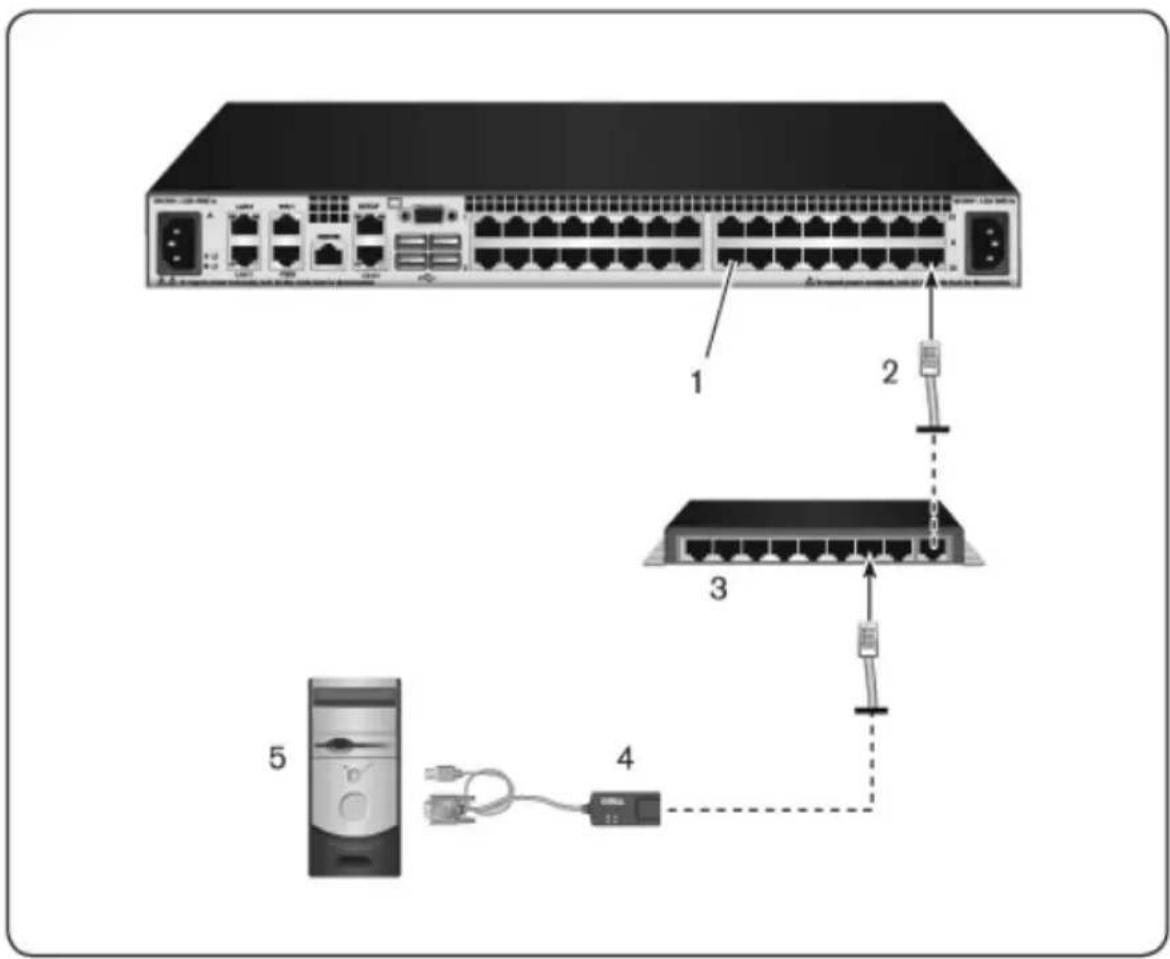 Diagram of a network device showing ports, connectors, and connections to a server with labeled parts 1 through 5.