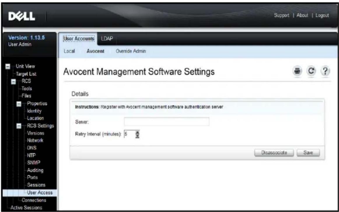 Dell Support | About | Logout Version: 1.13.6 User Admin User Accounts: LDAP Local Avocent Override Admin Avocent Management Software Settings Details Instructions: Register with Avocent management software authentication server Server: Retry Interval (minutes): 5 MB Disassociate Save