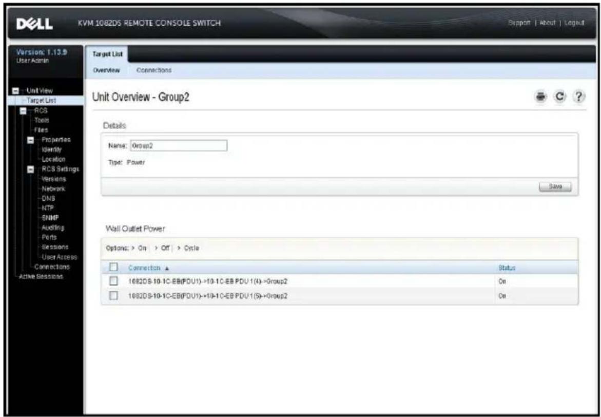 KVM 1082DS REMOTE CONSOLE SWITCH Support | About | Logbut Version: 1.13.9 User Admin Target List Overview Connections Unit Overview - Group2 Details Name: Group2 Type: Power Save Wall Outlet Power Options: > On > Off > Cycle Connection Status 1082DS-10-1C-EB(FDU1)->10-1C-EB PDU 1(4)->Group2 On 1082DS-10-1C-EB(FDU1)->10-1C-EB PDU 1(5)->Group2 On Active Sessions