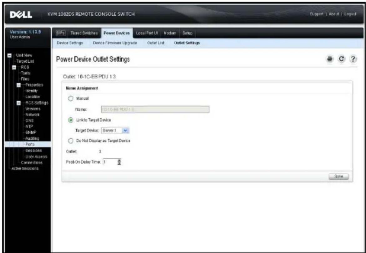 DELL KVM 1082DS REMOTE CONSOLE SWITCH Support | About | Loga4 Version: 1.13.9 User Admin Unit View Target List RCS Tools Files Properties Identity Locatine RCS Settings Versions Network DNS NTP SNMP Auditing Ports Sessions User Access Connections Active Sessions SIPs Tiered Switches Power Devices Local Port UI Modem Setup Device Settings Device Firmware Upgrade Outlet List Outlet Settings Power Device Outlet Settings Outlet: 10-1C-EB PDU 1.3 Name Assignment Manual Name: 10-1C-EB PDU 1.3 Link to Target Device Target Device: Server 1 Do Not Display as Target Device Outlet: 3 Post-On Delay Time: 1 MIN Save