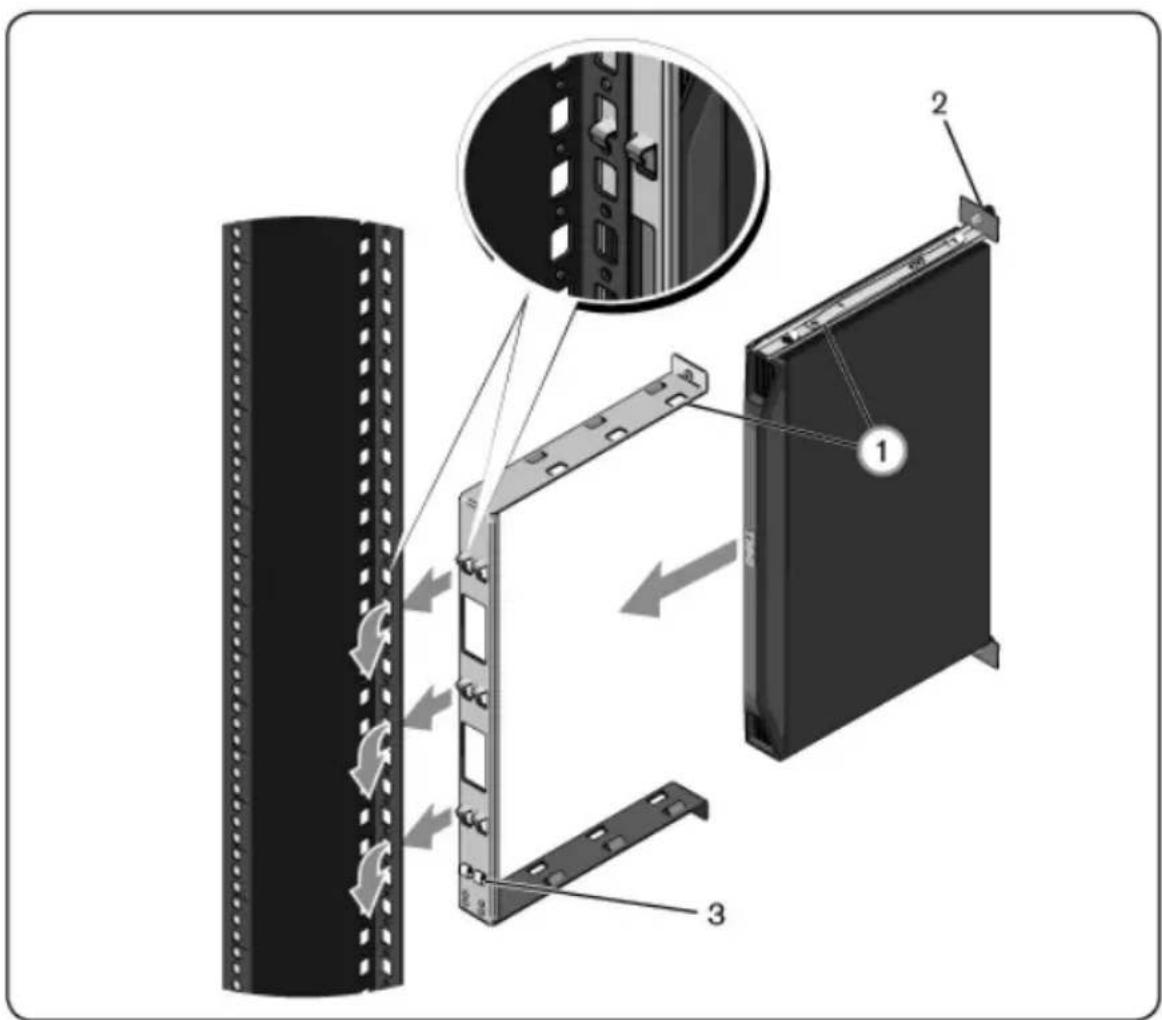 Diagram illustrating server rack mounting process with labeled components and directional arrows indicating movement
