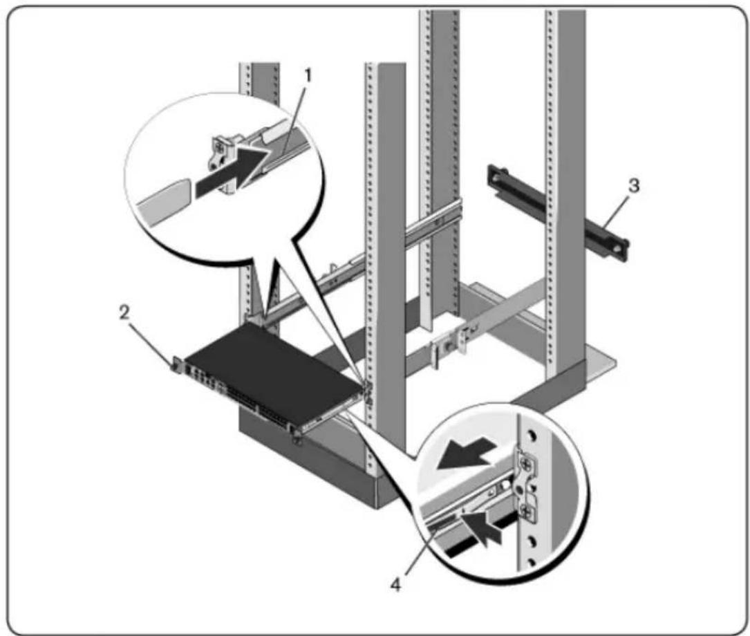 Technical diagram of a server rack with labeled components and directional arrows indicating movement or assembly.