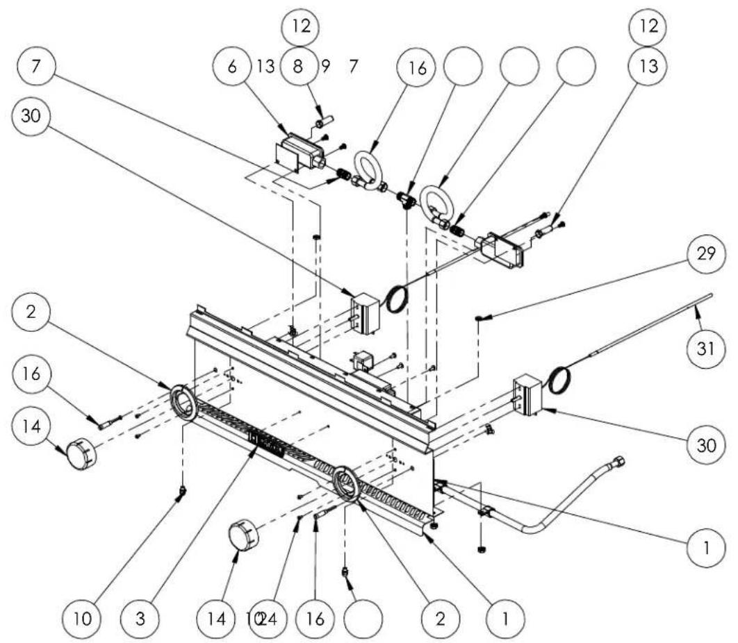 Technical diagram of a mechanical assembly with numbered components and labeled parts