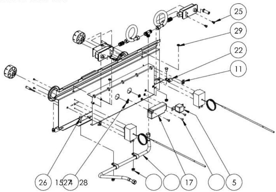 Technical diagram of a mechanical assembly with numbered components and directional arrows indicating motion or assembly.