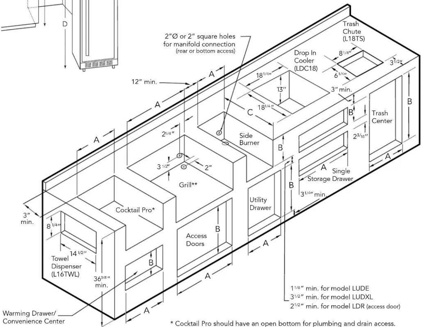 2"Ø or 2" square holes for manifold connection (rear or bottom access) 12" min. A 18½" 13" 18½" 3" min. Side Burner C B Trash Chute (L18TS) 8½" 6½" 3½" B Trash Center 2½" 2" Grill** Cocktail Pro* 8½" 14½" 36¾" min. Towel Dispenser (L16TWL) Access Doors Utility Drawer 3½" min. A A A A A 3" min. 3" min. 1½" min. for model LUDE 3½" min. for model LUDXL 2½" min. for model LDR (access door) Warming Drawer/ Convenience Center * Cocktail Pro should have an open bottom for plumbing and drain access.