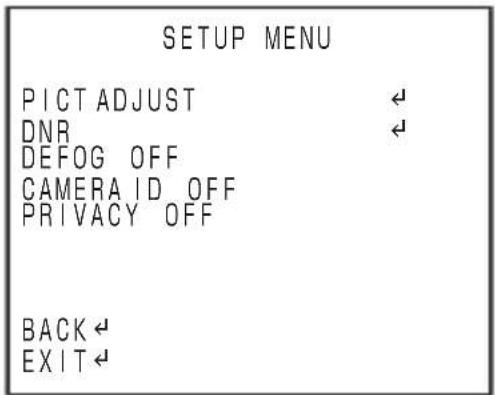 SETUP MENU PICT ADJUST DNR DEFOG OFF CAMERAID OFF PRIVACY OFF BACK EXIT