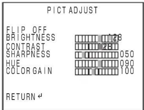 PICT ADJUST FLIP OFF BRIGHTNESS CONTRAST SHARPNESS HUE COLOR GAIN 128 128 050 090 100 RETURN ←