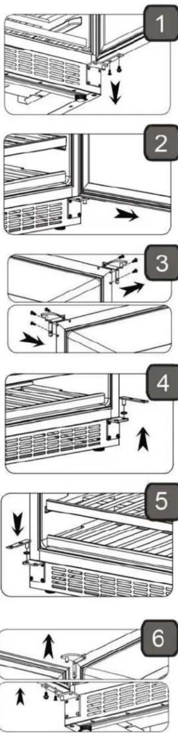 Diagram showing six steps of a refrigerator interior installation with labeled components and directional arrows indicating movement.