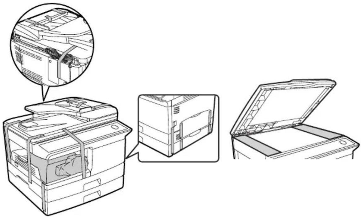 Technical diagram showing a printer's internal structure with close-up details and open lid view