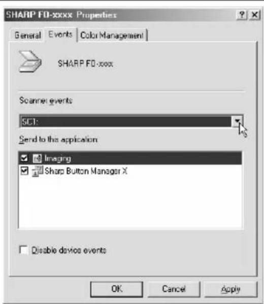 SHARP FD-xxxx Properties General Events Color Management SHARP FD-xxx Scannel events SCT: Send to this application ✓ Imaging ✓ Sharp Button Manager X Disable device events OK Cancel Apply