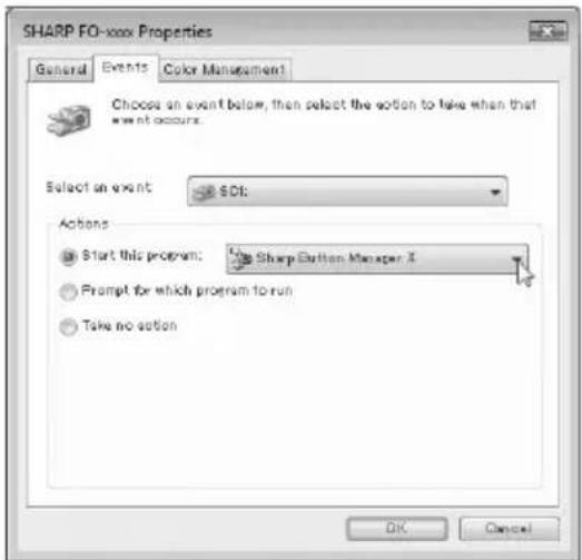 SHARP FO-xoo Properties General Events Color Management Choose an event below, then select the option to take when that event occurs. Select an event SDI: Actions Start this program: Sharp Button Manager X Prompt for which program to run Take no option OK Cancel