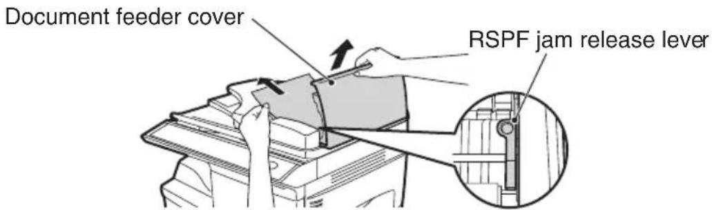 Document feeder cover RSPF jam release lever