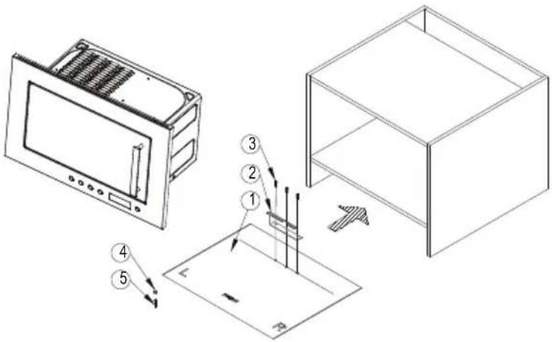 Technical diagram showing installation steps of a microwave oven and storage unit with numbered components