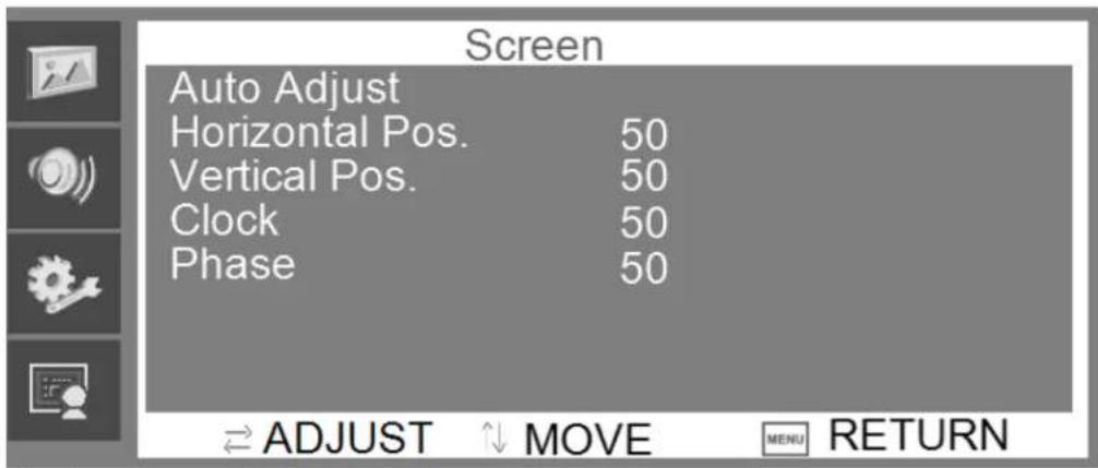 Screen Auto Adjust Horizontal Pos. 50 Vertical Pos. 50 Clock 50 Phase 50 ADJUST ↑ MOVE MENU RETURN