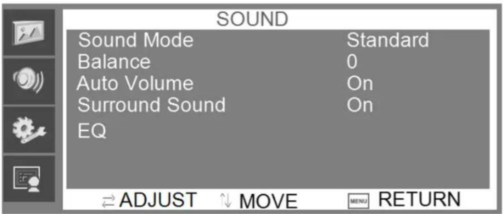 SOUND Sound Mode Standard Balance 0 Auto Volume On Surround Sound On EQ ADJUST MOVE MENU RETURN