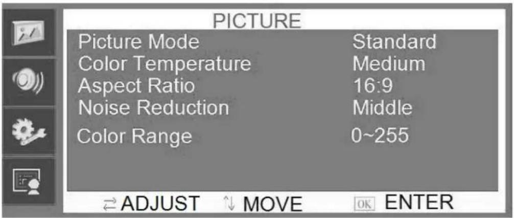 PICTURE Picture Mode Standard Color Temperature Medium Aspect Ratio 16:9 Noise Reduction Middle Color Range 0~255 ADJUST MOVE OK ENTER
