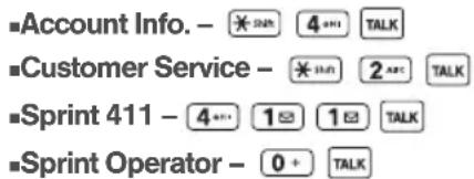 Account Info. - ✕ SNR 4 a## TALK Customer Service - ✕ SNR 2 a## TALK Sprint 411 - 4 a## 1 b 1 c TALK Sprint Operator - 0 + TALK