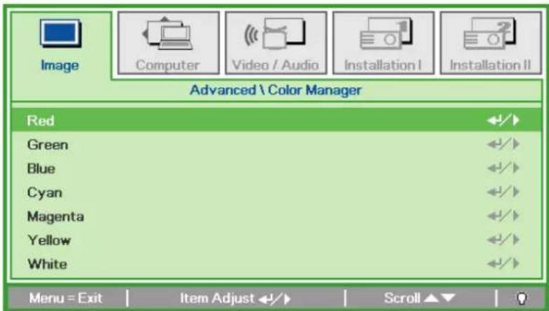 Image Computer Video / Audio Installation I Installation II Advanced \ Color Manager Red Green Blue Cyan Magenta Yellow White Menu = Exit Item Adjust ↕ ↗ Scroll ▲▼