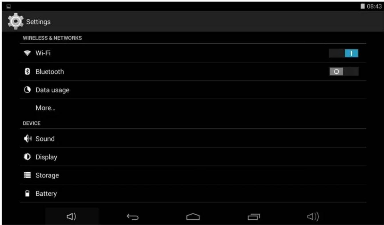 Settings WIRELESS & NETWORKS Wi-Fi Bluetooth Data usage More... DEVICE Sound Display Storage Battery