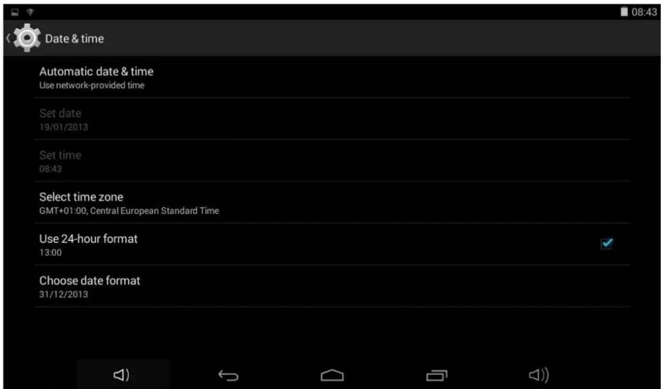 Date & time Automatic date & time Use network-provided time Set date 19/01/2013 Set time 08:43 Select time zone GMT+01:00, Central European Standard Time Use 24-hour format 13:00 Choose date format 31/12/2013