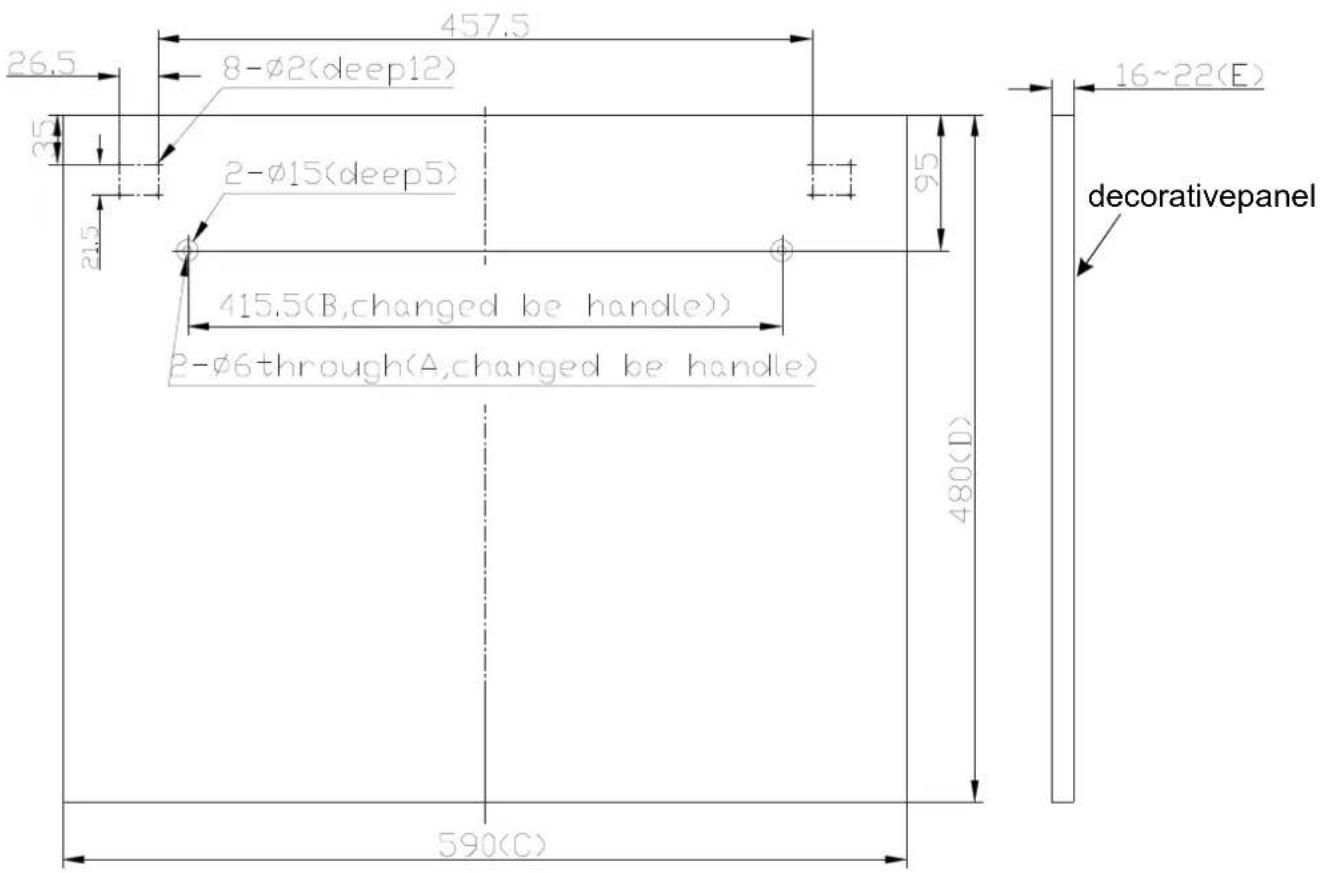 457.5 26.5 8-Ø2(deep12) 2-Ø15(deep5) 95 16~22(E) 21.5 415.5(B,changed be handle)) 2-Ø6through(A,changed be handle) 480(D) 590(C) decorativepanel