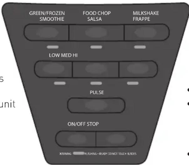 GREEN/FROZEN SMOOTHIE FOOD CHOP SALSA MILKSHAKE FRAPPE LOW MED HI PULSE ON/OFF STOP WARNING FLASHING-READY GO NOT TOUCH BLADES