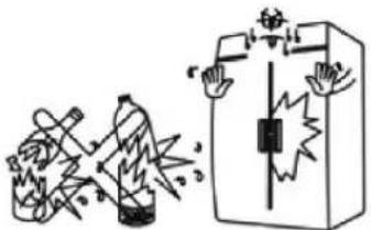 Illustration showing a broken bottle and a device with warning symbols, likely depicting an electrical hazard or safety hazard.