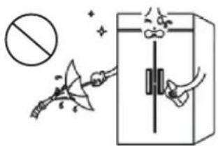 Safety instruction diagram showing a hand holding a tool near a cabinet with a prohibition symbol and sparkles