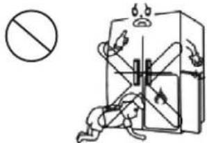 Safety warning illustration showing a person running inside a device with a prohibition symbol nearby