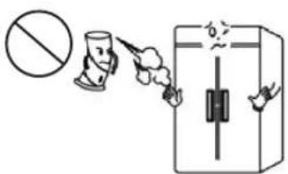 Safety warning illustration showing a hand holding a mug and a bottle, with a prohibition symbol nearby.