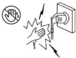 Safety warning illustration showing hand holding a device with warning symbol and text labels