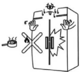 Illustration showing a fire safety scene with smoke, fire extinguisher, and firecracker, featuring hand gestures and warning symbols.
