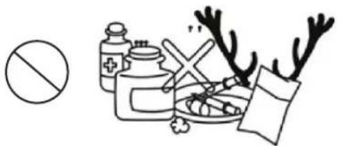 Medical warning illustration showing a no-smoking symbol, medicine bottle with cross mark, and antler antlers