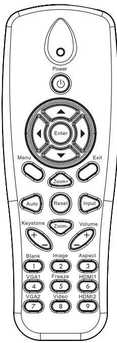 Power Enter Menu Exit Zoom Auto Reset Input Keystone Zoom Volume Blank Image Aspect 1 2 3 VGA1 Freeze HDMI1 4 5 6 VGA2 Video HDMI2 7 8 9