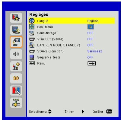 Reglages Langue English Pos. Menu Sous-titrage OFF VGA Out (Veille) OFF LAN (EN MODE STANDBY) OFF VGA-2 (Fonction) Saisissez Séquence tests OFF Rén. Sélectionner Entrer Quitter Max