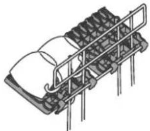 Isometric line drawing of a car with a multi-level ramp structure (no text or symbols)