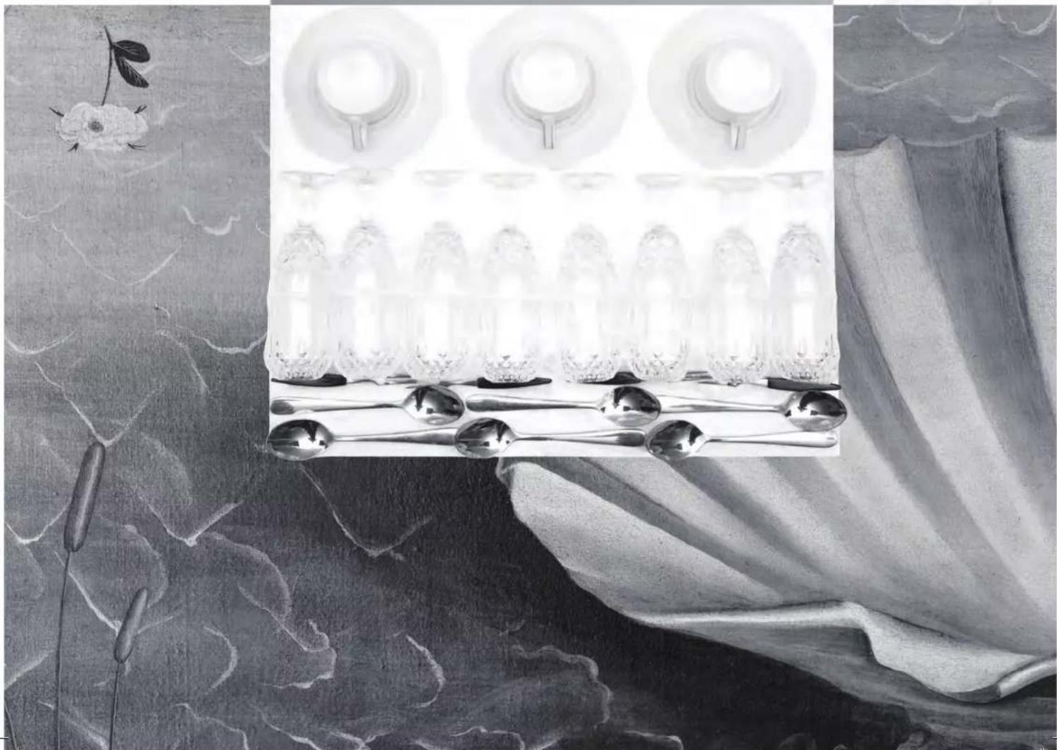 Monochrome still life painting of a decorative table with glass vases and spoons, set against a floral background (no text or symbols)