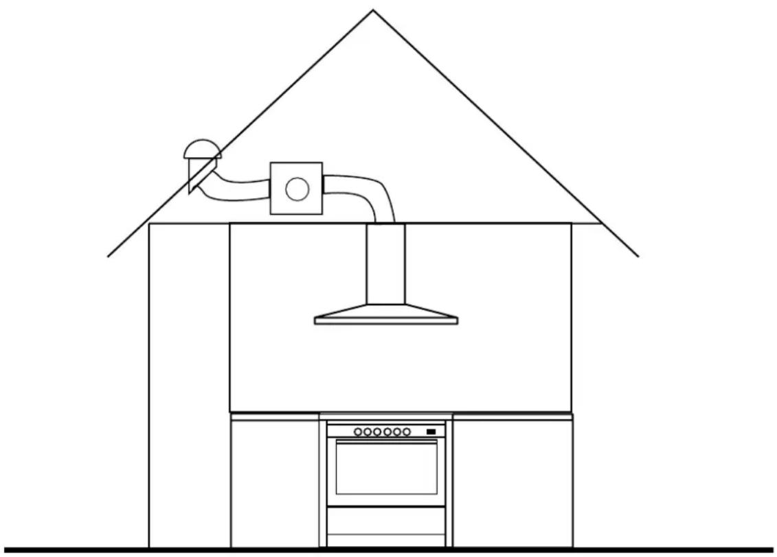 Line drawing of a house interior with a chimney, ductwork, and oven (no text or symbols)